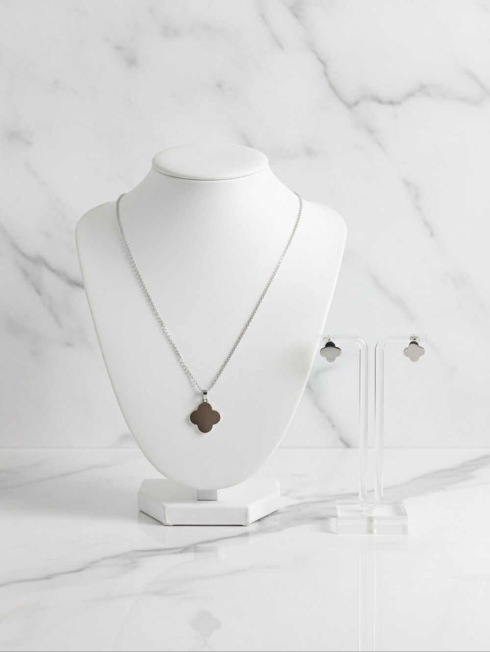 Elegant Silver Clover Necklace and Earring Set